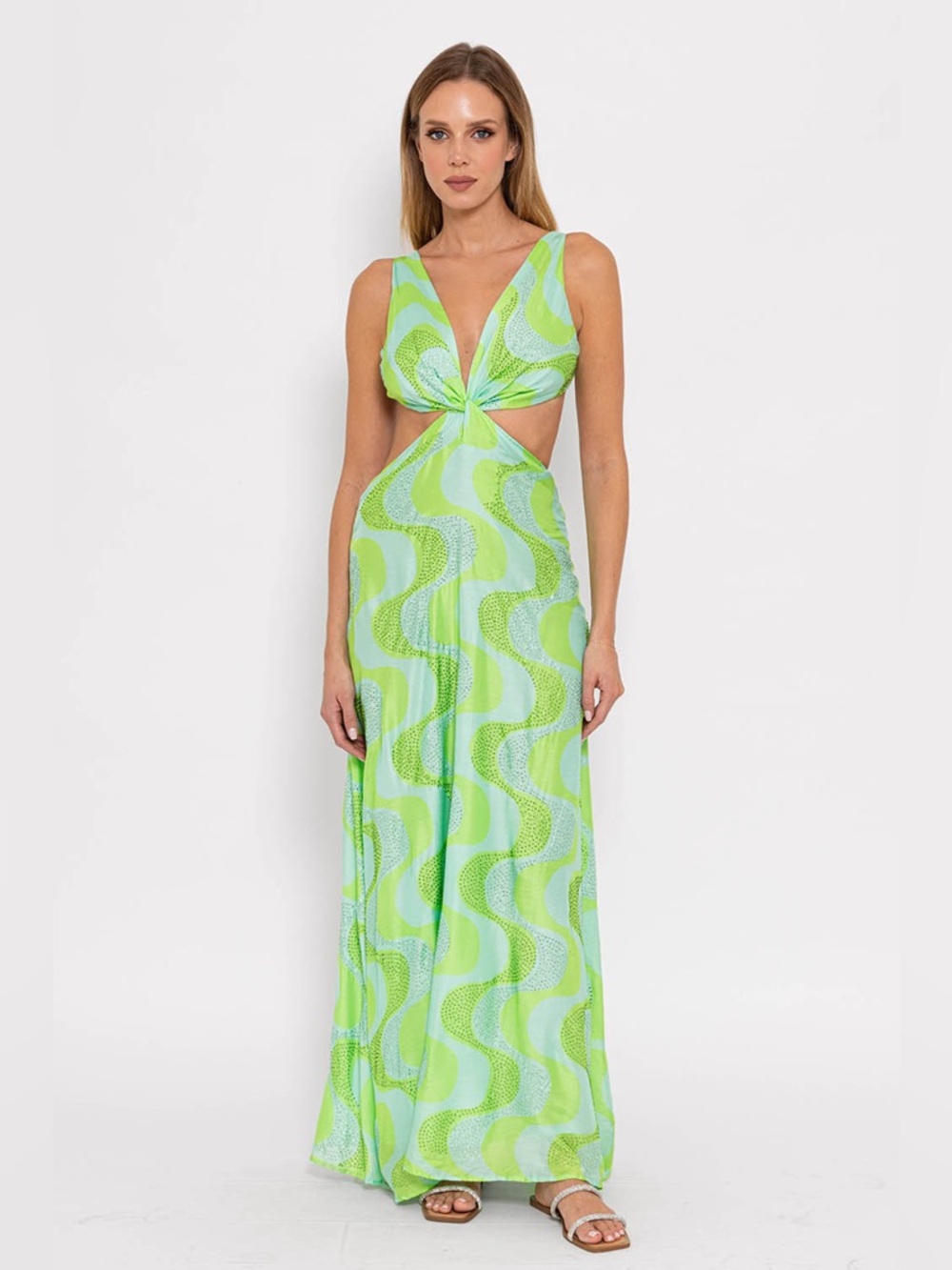 New! Sundress Revolve Shana Cutout Maxi Dress Amazonia Rhinestones Lime & Pool💚S - Picture 3 of 16